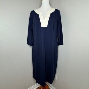 TALBOTS WOMAN Shift Dress 14W Navy w Cream Collar Midi 3/4 Sleeves Office Career